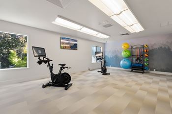 A room with exercise equipment with patterned floor and a window.